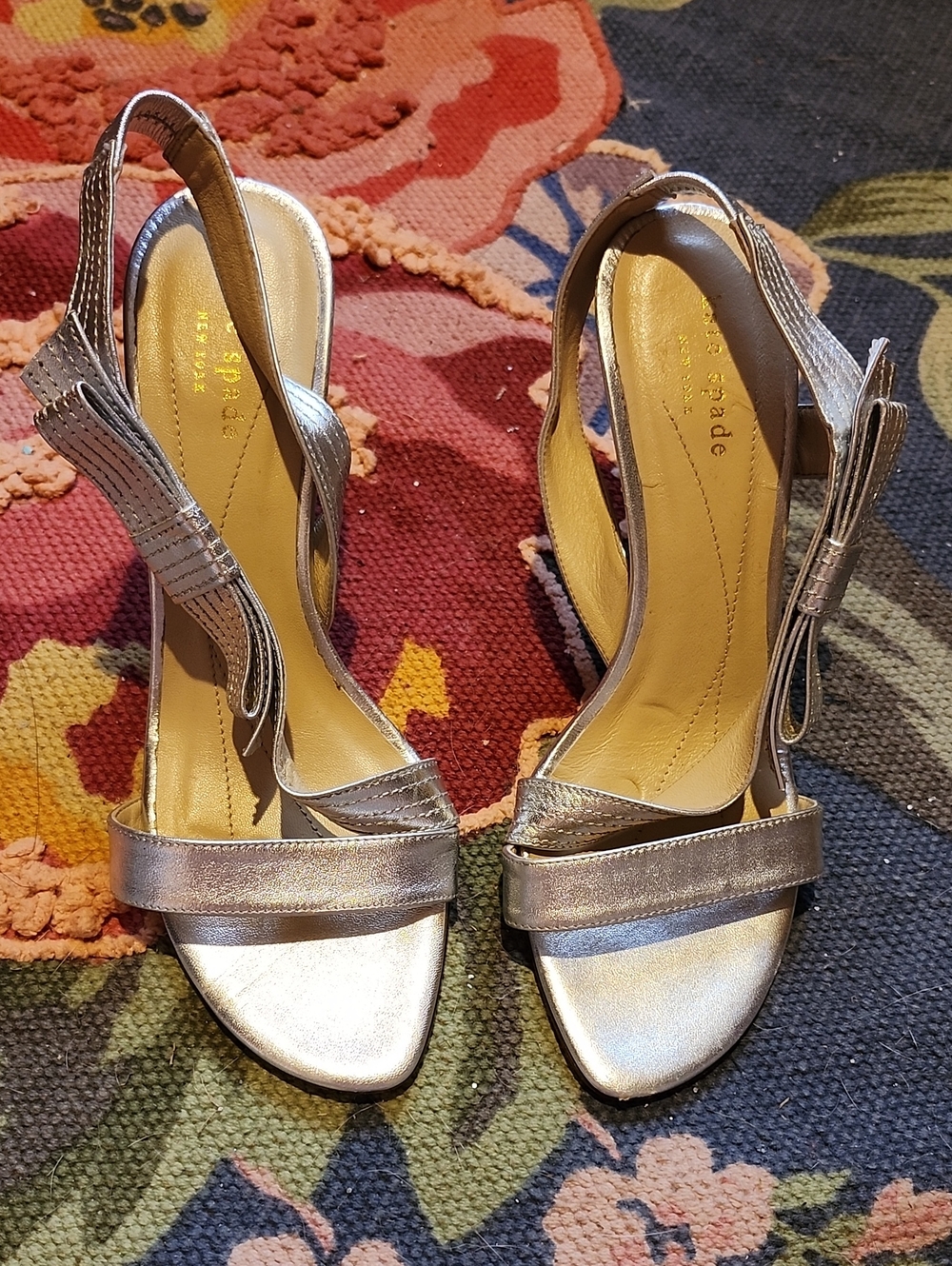 kate spade Metallic Silver Open-Toe Slingback Bow Heels